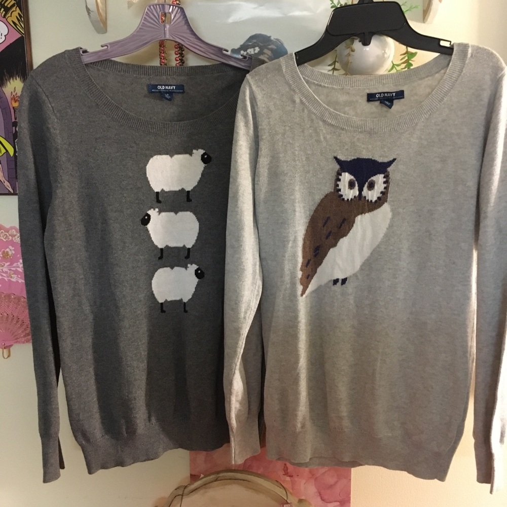 SET OF 2 Old Navy animal sweaters owl sheep size M